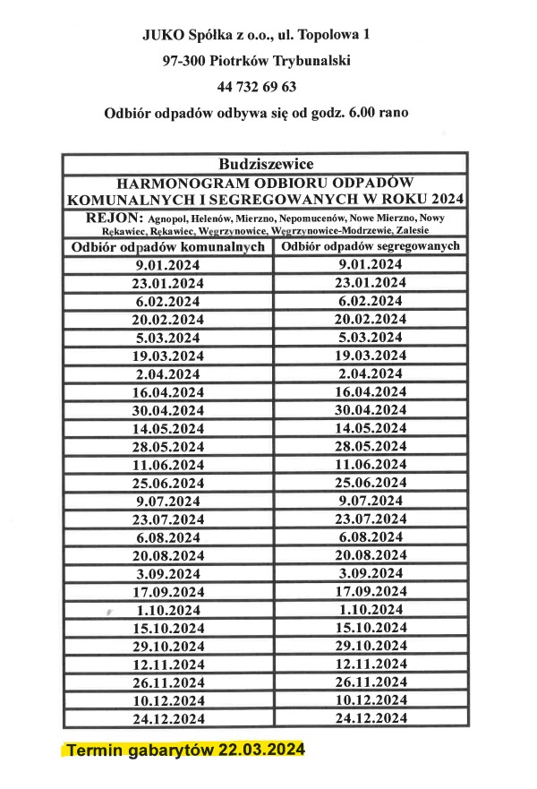 Harmonogram odbioru odpadów - Rejon II