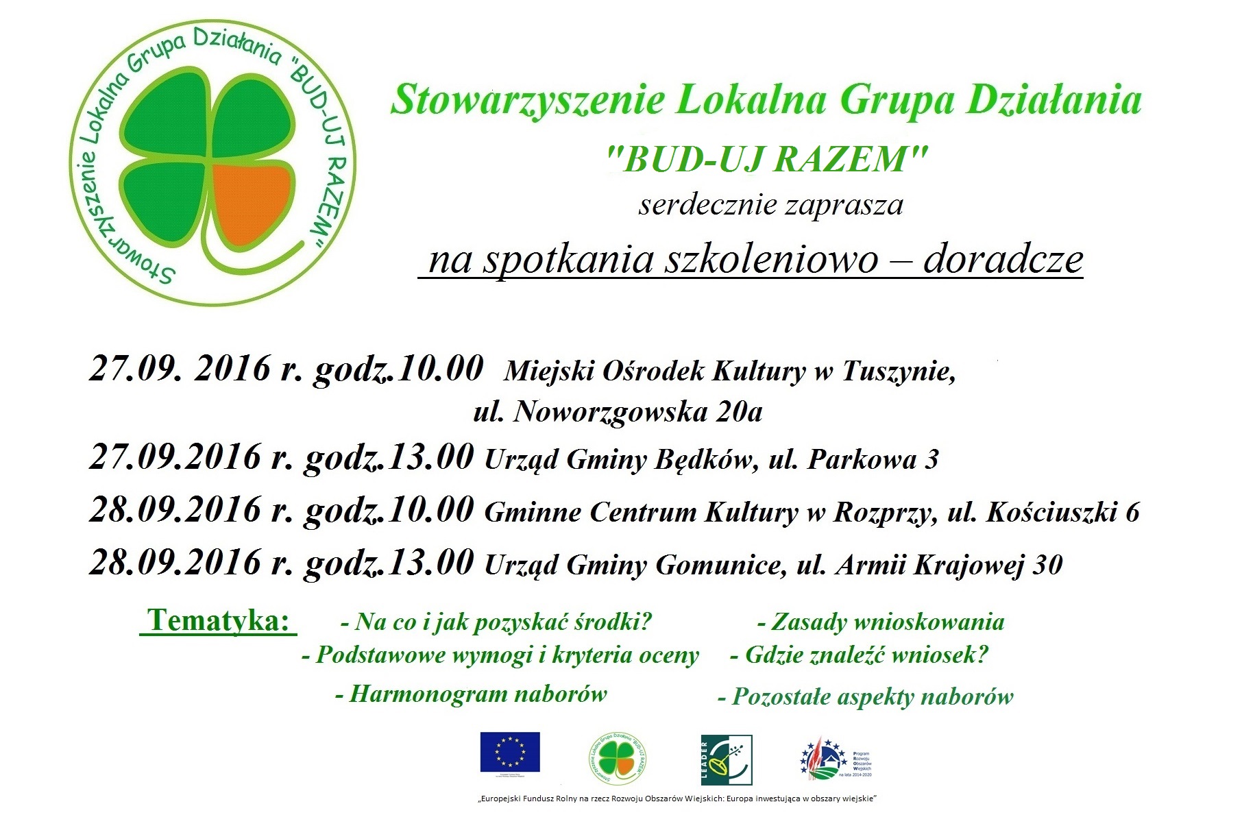 Plakat - spotkania szkoleniowo-doradcze  - wrzesień 2016